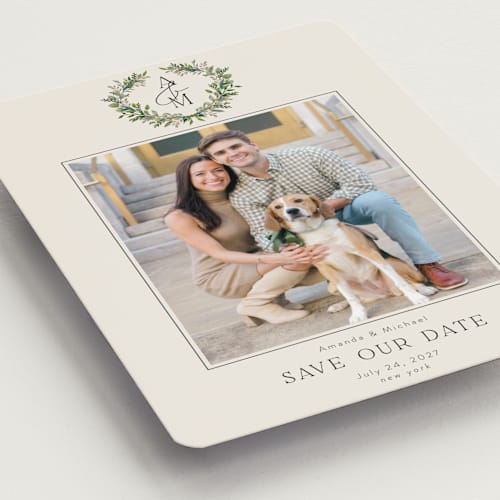 This is a ecru save the date magnets with standard by Susan Moyal called classic monogram printing on magnet paper in magnet