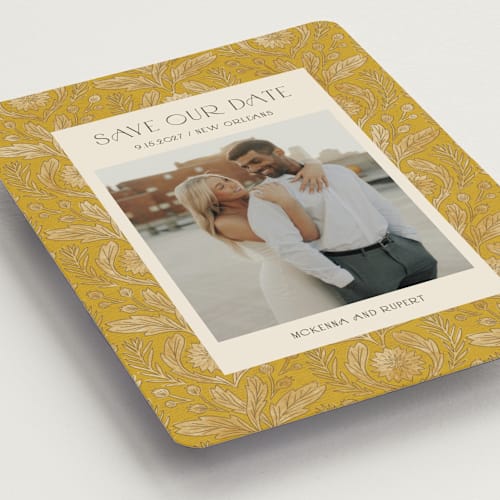 This is a marigold save the date magnets with standard by Jen Owens called morris printing on magnet paper in magnet