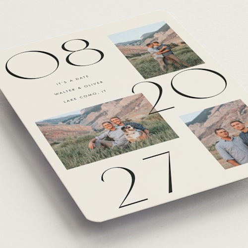This is a cream save the date magnets with standard by Baumbirdy called delicate date printing on magnet paper in magnet