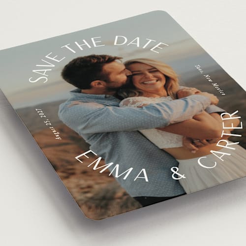 This is a pearl save the date magnets with standard by Susan Asbill called roundabout printing on magnet paper in magnet