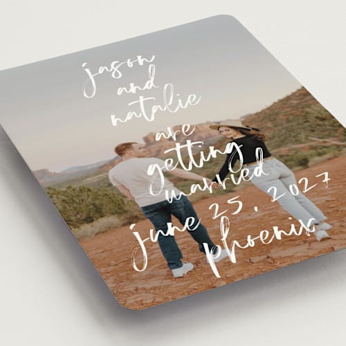 This is a marshmallow save the date magnets with standard by Keen Peachy called oh by the way printing on magnet paper in magnet