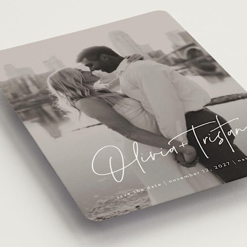 This is a pearl save the date magnets with standard by Jessica Williams called signature pair printing on magnet paper in magnet
