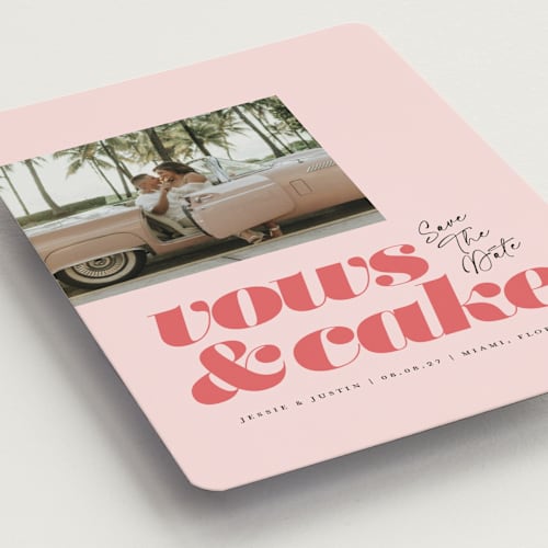 This is a coral save the date magnets with standard by Laura Hamm called vows and cake printing on magnet paper in magnet
