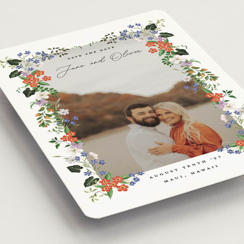 This is a lotus save the date magnets with standard by Sarah Knight called tropicana printing on magnet paper in magnet