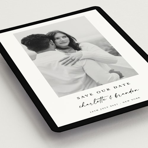 This is a onyx save the date magnets with standard by Devika Keskar called main event printing on magnet paper in magnet