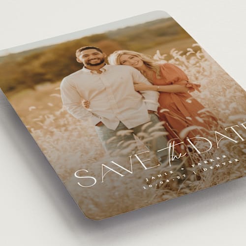 This is a pearl save the date magnets with standard by Jessica Corliss called simple elegance printing on magnet paper in magnet