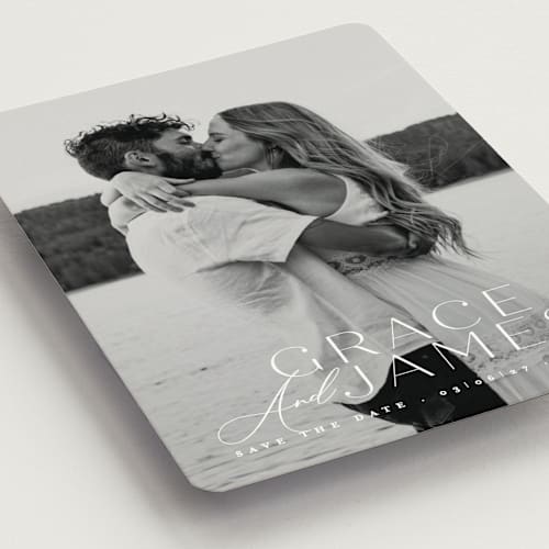 This is a snow save the date magnets with standard by Angela Thompson called namesake printing on magnet paper in magnet