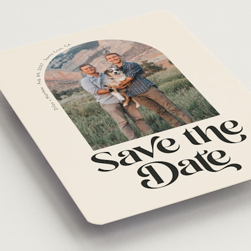 This is a desert save the date magnets with standard by Morgan Kendall called retro arch printing on magnet paper in magnet