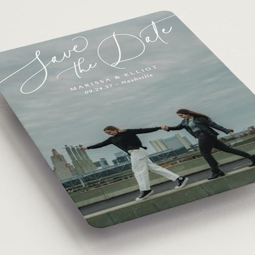 This is a pearl save the date magnets with standard by Kaydi Bishop called on the horizon printing on magnet paper in magnet