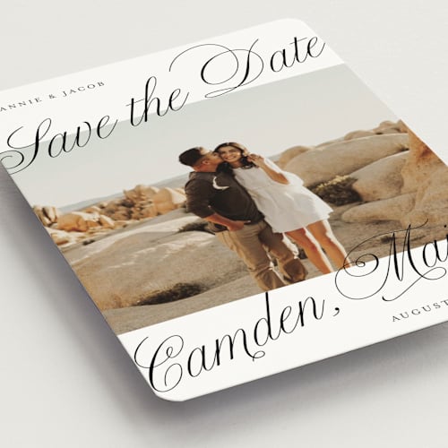 This is a snow save the date magnets with standard by Katharine Watson called bold script frame printing on magnet paper in magnet