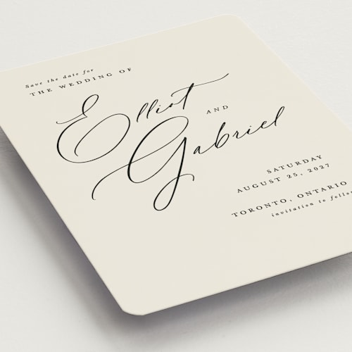 This is a ecru save the date magnets with standard by Hooray Creative called scripted names printing on magnet paper in magnet