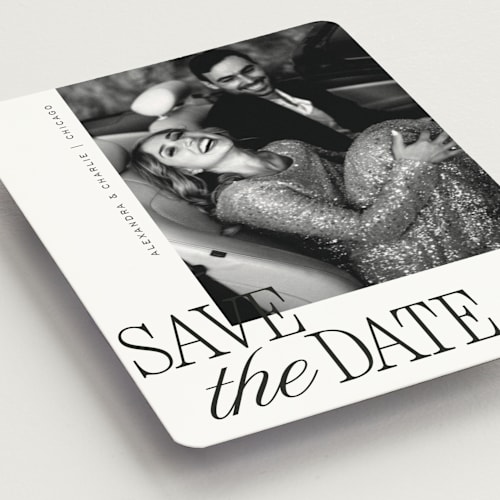 This is a pearl save the date magnets with standard by Melanie Kosuge called right side printing on magnet paper in magnet