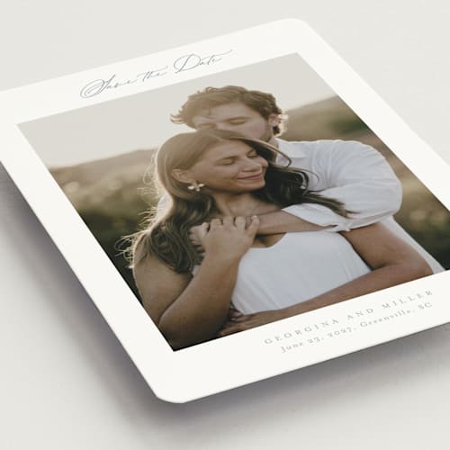 This is a dusty blue save the date magnets with standard by Stacey Meacham called modern air printing on magnet paper in magnet
