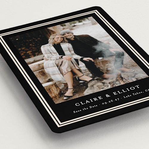This is a tuxedo save the date magnets with standard by Carolyn MacLaren called preppy frame printing on magnet paper in magnet