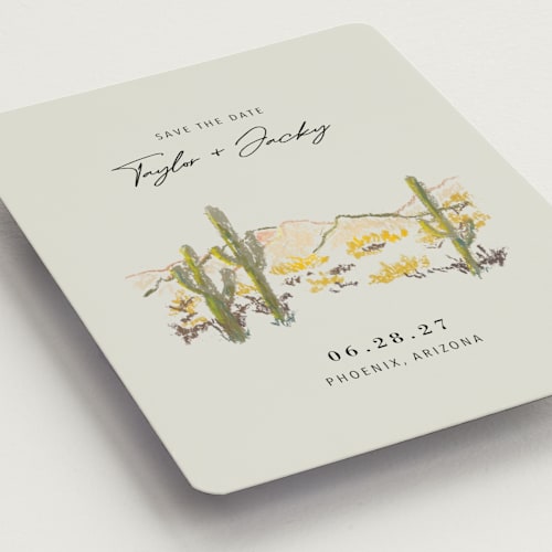 This is a olive save the date magnets with standard by Cass Loh called desert crayon drawing printing on magnet paper in magnet