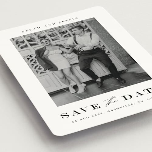 This is a midnight save the date magnets with standard by Stacey Meacham called classic charm printing on magnet paper in magnet