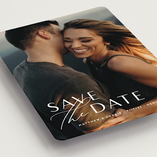 This is a pearl save the date magnets with standard by Jennifer Postorino called eloquent printing on magnet paper in magnet