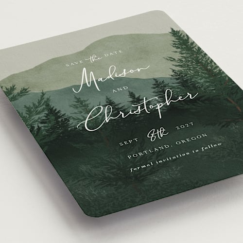 This is a jade save the date magnets with standard by Elly called the forest printing on magnet paper in magnet