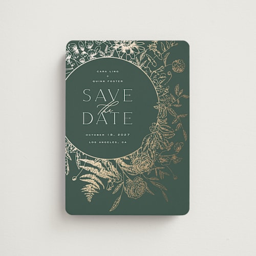 This is a moss save the date magnets with foil pressed by Leah Bisch called always printing on magnet paper in magnet