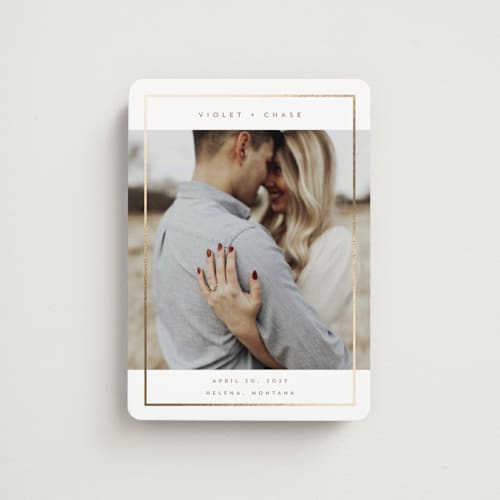 This is a latte save the date magnets with foil pressed by Rebecca Durflinger called contempo frame printing on magnet paper in magnet