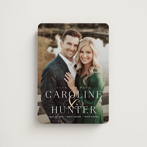 This is a pearl save the date magnets with foil pressed by Jennifer Postorino called entwine printing on magnet paper in magnet