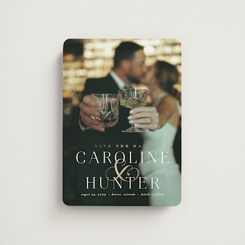 This is a pearl save the date magnets with foil pressed by Jennifer Postorino called entwine printing on magnet paper in magnet