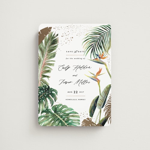 This is a fern save the date magnets with foil pressed by Elly called our paradise printing on magnet paper in magnet