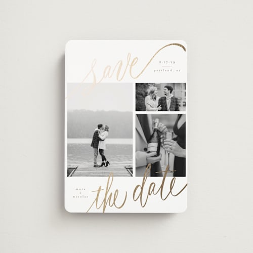 This is a veil save the date magnets with foil pressed by Elsa Duncan called tri-photo save the date printing on magnet paper in magnet