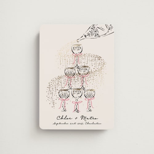 This is a petal save the date magnets with foil pressed by Jackie Crawford called sparkling champagne tower printing on magnet paper in magnet