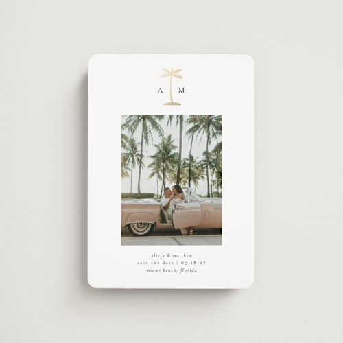 This is a coconut save the date magnets with foil pressed by Heather Schertzer called palm tree printing on magnet paper in magnet