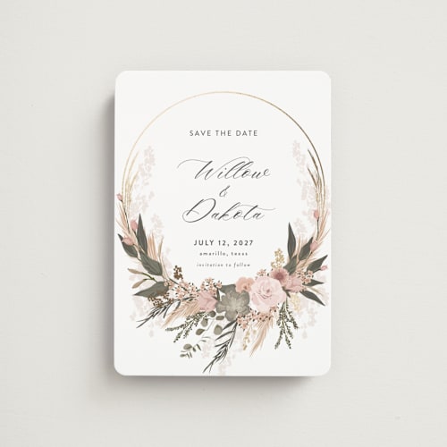 This is a blush save the date magnets with foil pressed by Susan Moyal called botanical edge printing on magnet paper in magnet