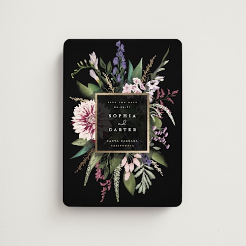 This is a midnight save the date magnets with foil pressed by Susan Moyal called bold bouquet printing on magnet paper in magnet