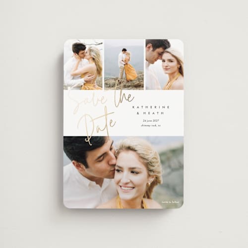 This is a cotton save the date magnets with foil pressed by Stacey Meacham called can't wait printing on magnet paper in magnet