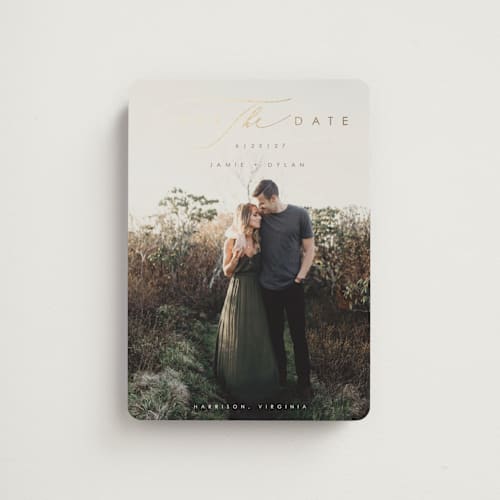 This is a wheat save the date magnets with foil pressed by Hannah Williams called simply classic printing on magnet paper in magnet