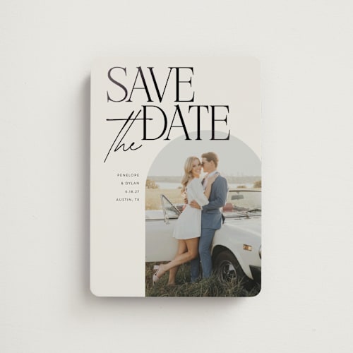 This is a ecru save the date magnets with foil pressed by Morgan Kendall called penelope printing on magnet paper in magnet