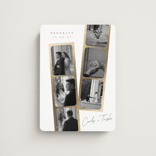 This is a pearl save the date magnets with foil pressed by Leah Bisch called snapshots printing on magnet paper in magnet