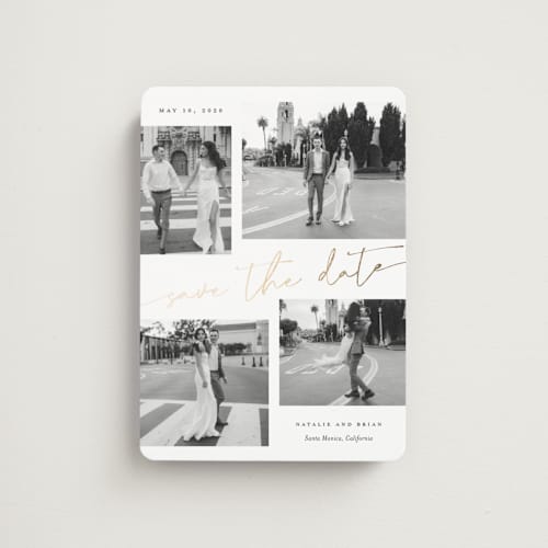 This is a snow save the date magnets with foil pressed by Sarah Curry called minimal holiday gallery printing on magnet paper in magnet