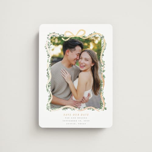 This is a butter save the date magnets with foil pressed by Itsy Belle Studio called ribbonly frame printing on magnet paper in magnet