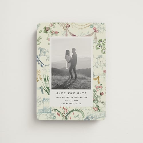 This is a nouvelle save the date magnets with standard by Sumak Studio called chinoiserie printing on magnet paper in magnet