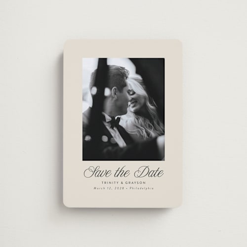 This is a ivory save the date magnets with standard by Susan Asbill called classically printing on magnet paper in magnet