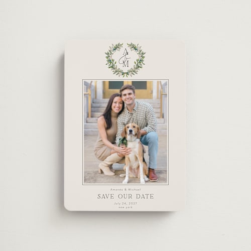 This is a ecru save the date magnets with standard by Susan Moyal called classic monogram printing on magnet paper in magnet