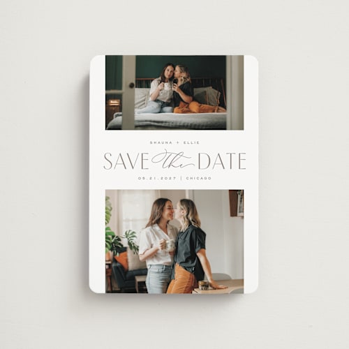 This is a sandstone save the date magnets with standard by Pixel and Hank called duet printing on magnet paper in magnet