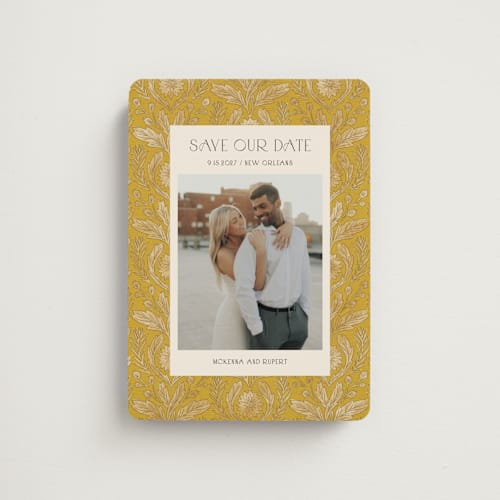 This is a marigold save the date magnets with standard by Jen Owens called morris printing on magnet paper in magnet