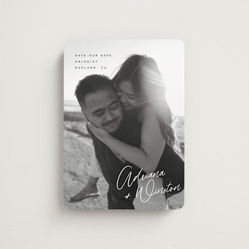 This is a cotton save the date magnets with standard by Hooray Creative called adriana printing on magnet paper in magnet