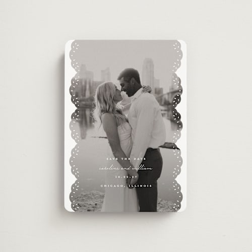 This is a snow save the date magnets with standard by Lauren Chism called luxe lace printing on magnet paper in magnet