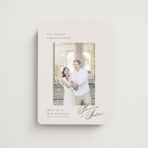 This is a latte save the date magnets with standard by Kristie Kern called our forever printing on magnet paper in magnet