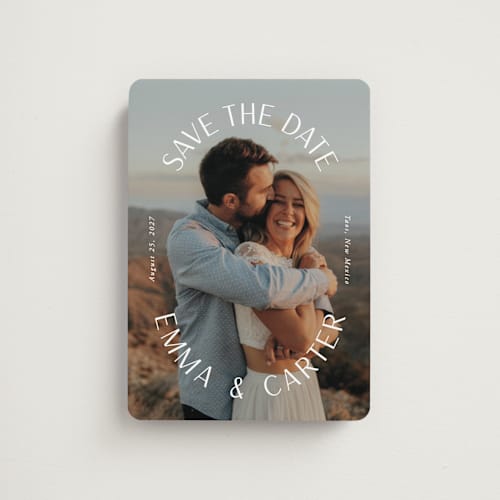 This is a pearl save the date magnets with standard by Susan Asbill called roundabout printing on magnet paper in magnet