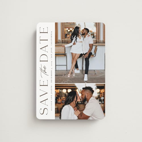 This is a taupe save the date magnets with standard by Kristen Smith called atlas printing on magnet paper in magnet