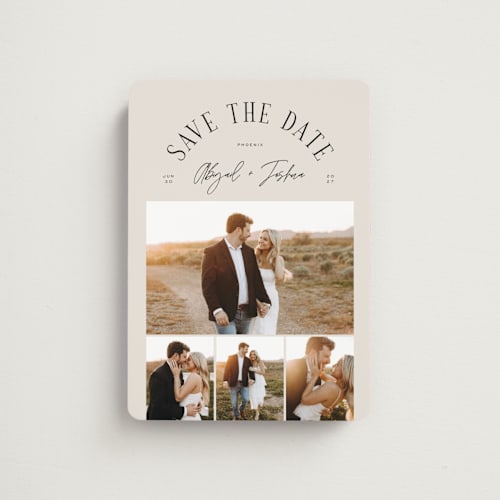 This is a taupe save the date magnets with standard by Michelle Taylor called archway printing on magnet paper in magnet