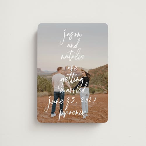 This is a marshmallow save the date magnets with standard by Keen Peachy called oh by the way printing on magnet paper in magnet